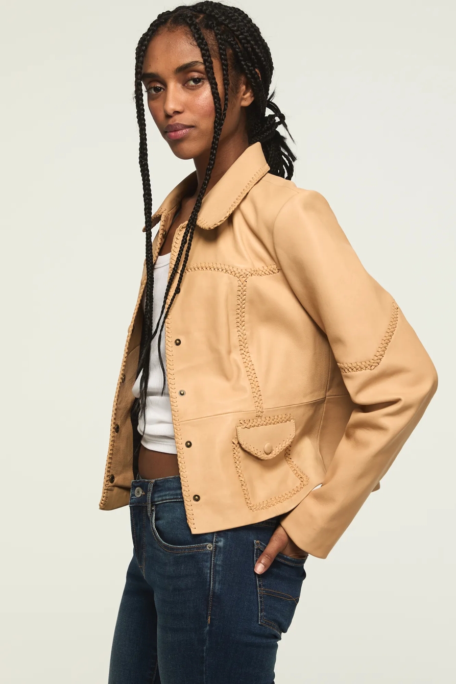 FESTIVAL BRAIDED SEAMED LEATHER JACKET — TAN — image 4