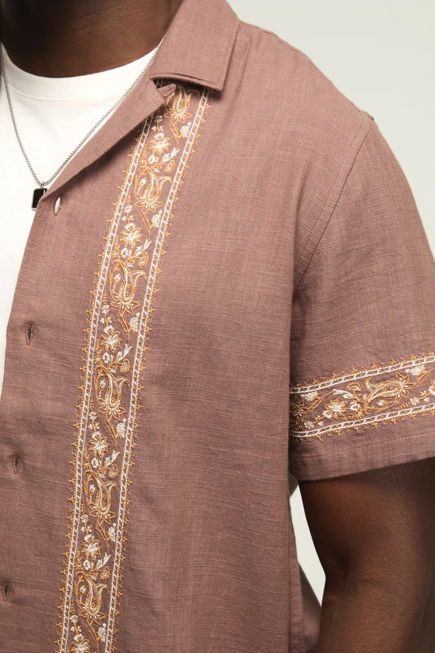 EMBROIDERED CAMP COLLAR SHIRT — BROWN MULTI — image 5