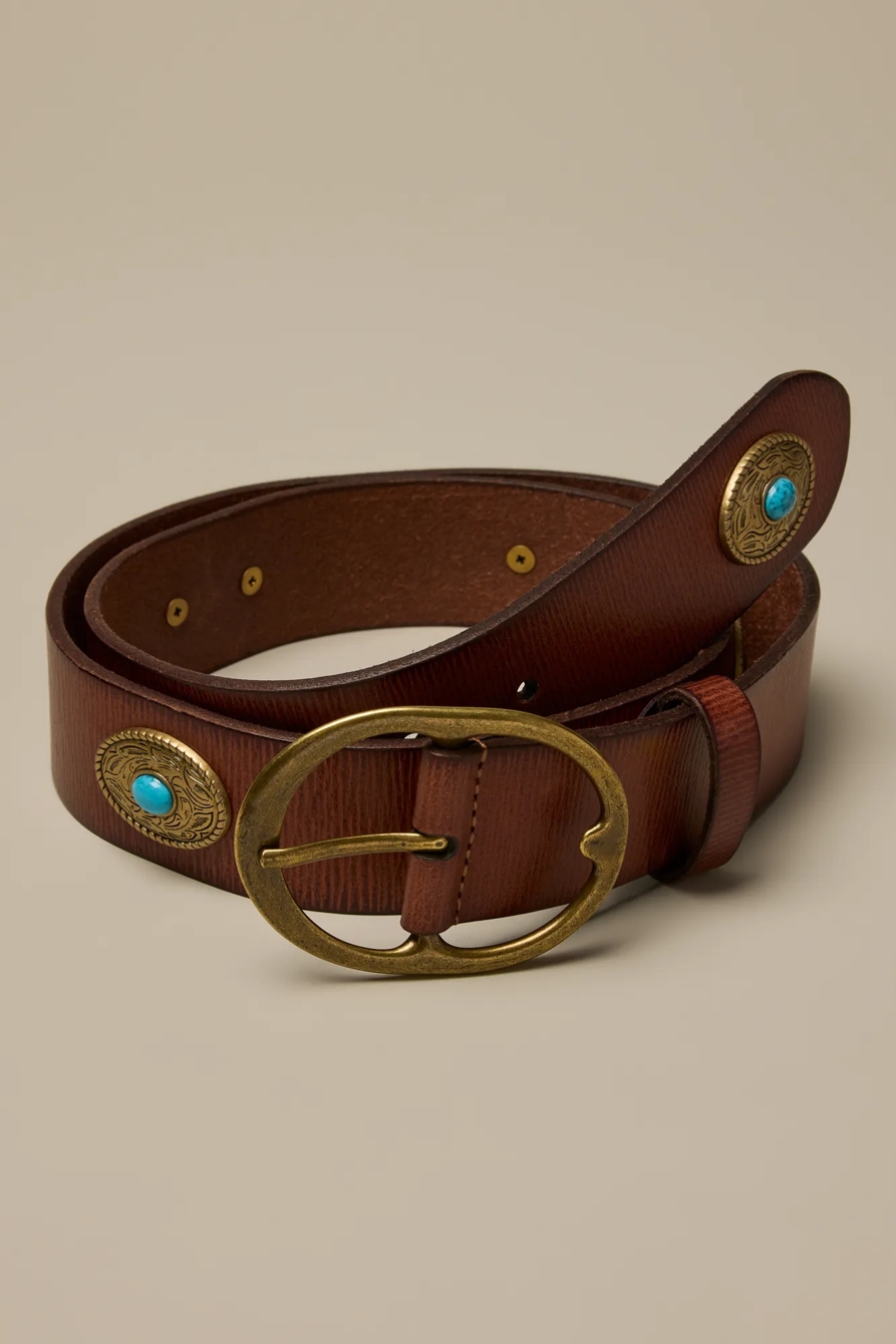 WESTERN TURQUOISE ORNAMENTED LEATHER BELT — TAN — image 1