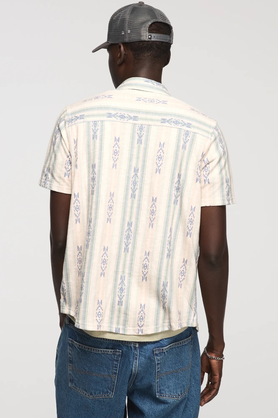 STRIPED LINEN SHORT SLEEVE BUTTON UP SHIRT — GREEN MULTI — image 3