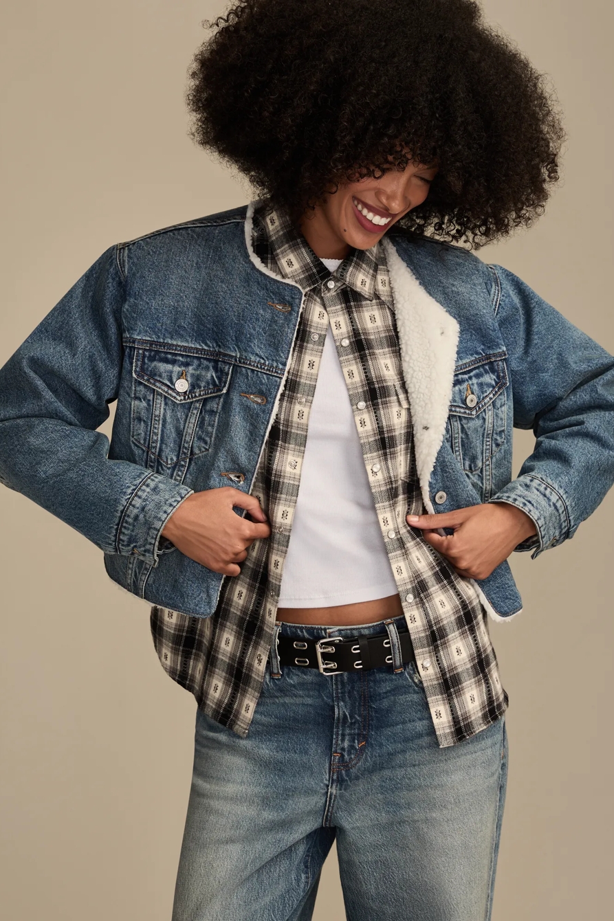 FAUX SHEARLING COLLARLESS CROPPED TRUCKER — COZY COTTAGE WASH — image 1