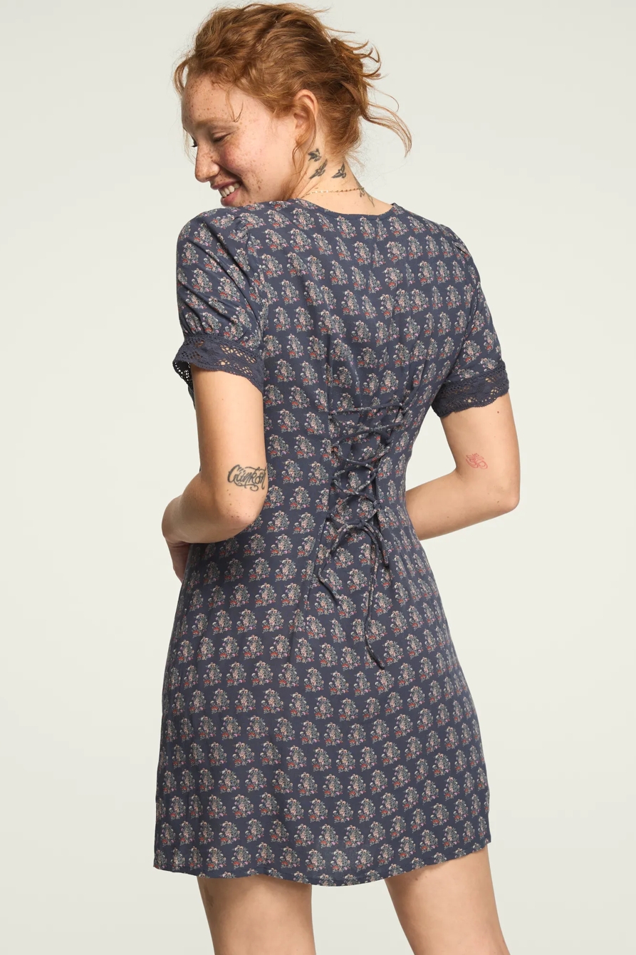 LACE TRIMMED SHORT SLEEVE MINI DRESS — NAVY FLORAL — image 2