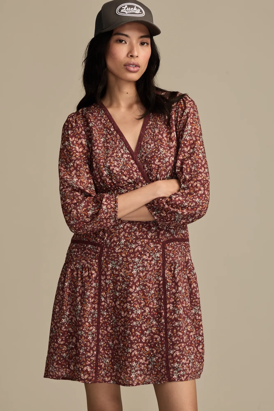 3/4 SLEEVE V-NECK MINI DRESS — BROWN MULTI — image 1