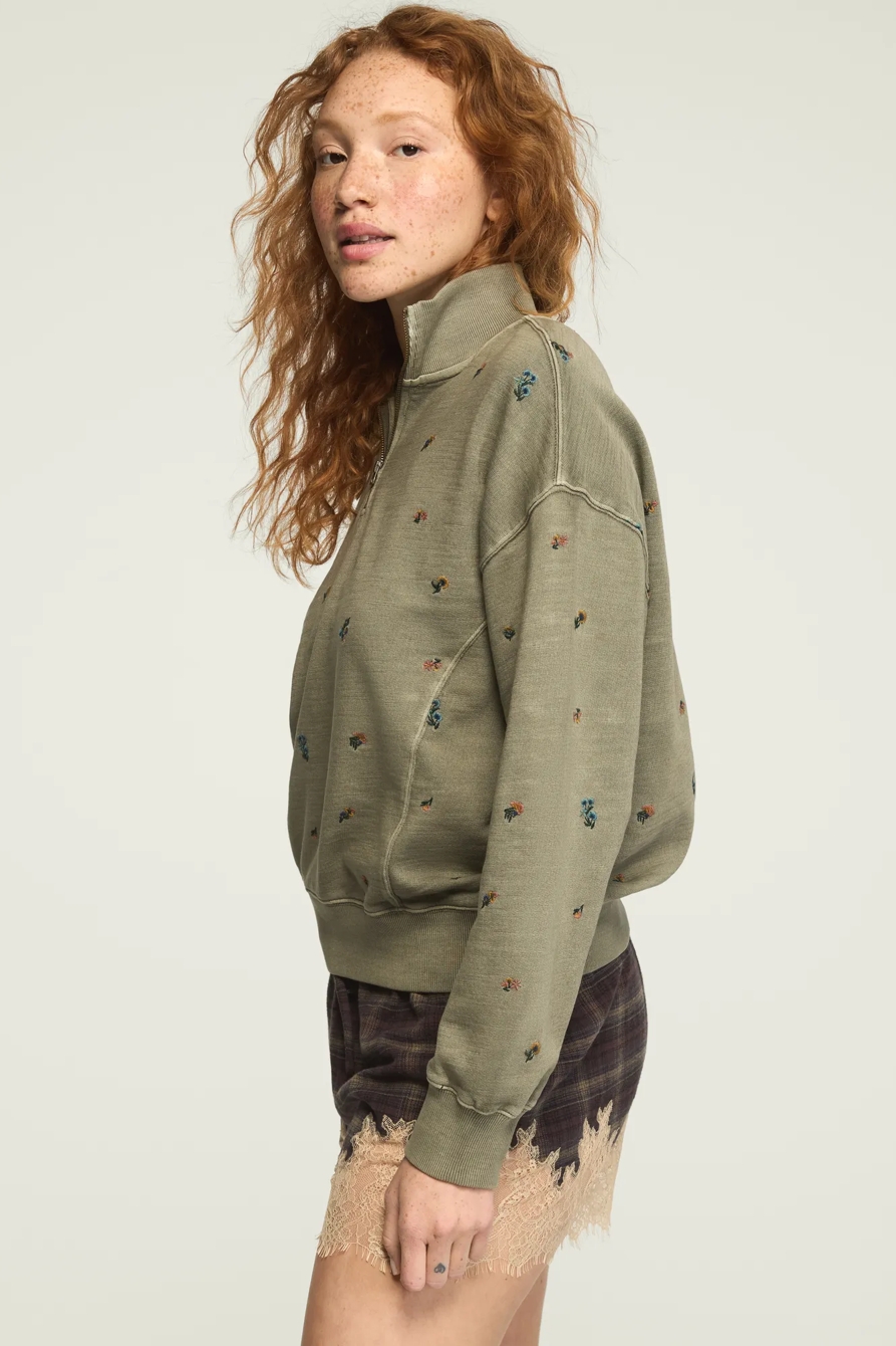 EMBROIDERED QUARTER ZIP PULLOVER — Dusty Olive — image 4