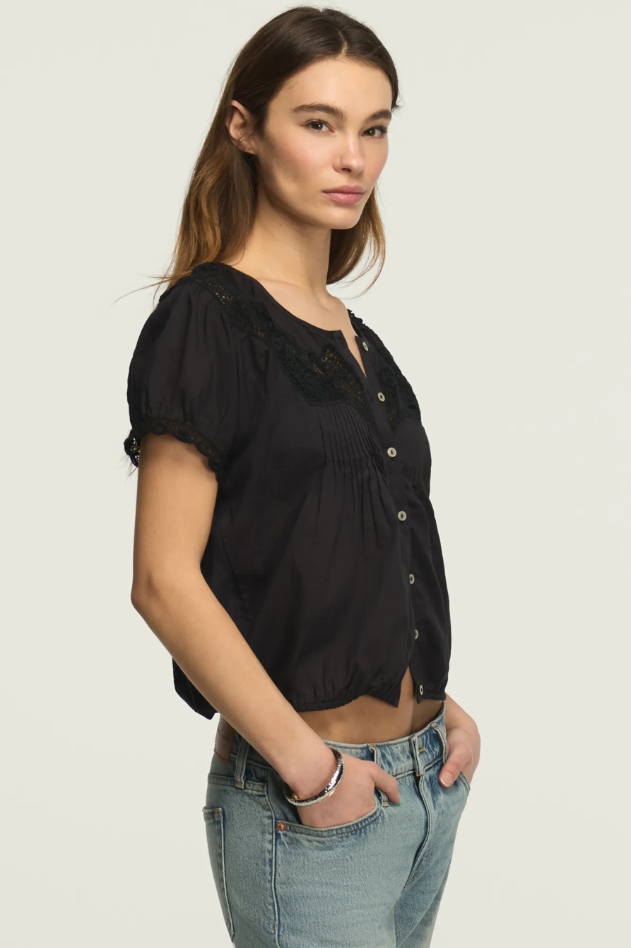 CROCHET PUFF SLEEVE BUTTON UP TOP — CAVIAR — image 4