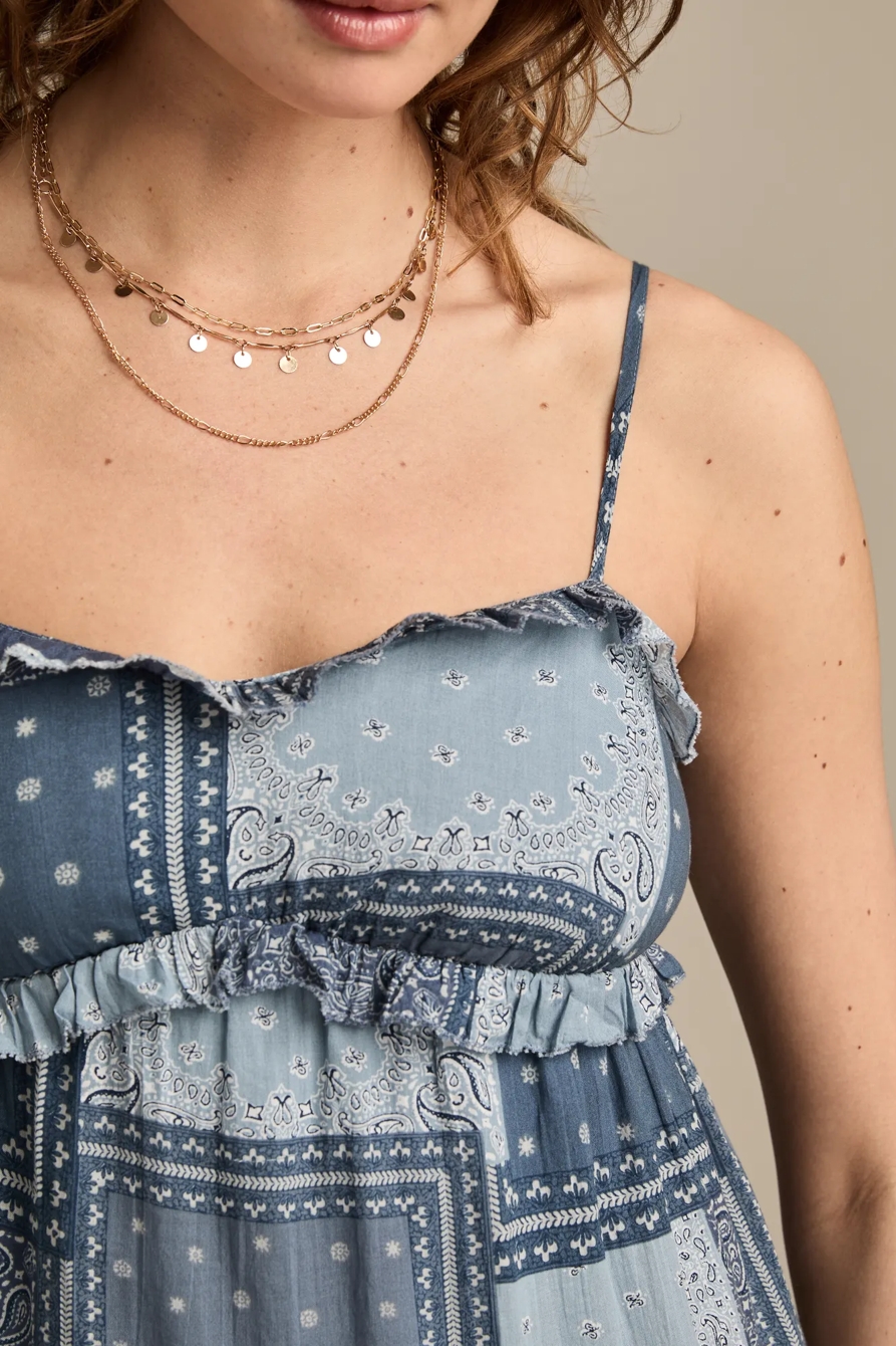 PATCHWORK RUFFLE TIERED MINI DRESS — NAVY BANDANA PRINT — image 2