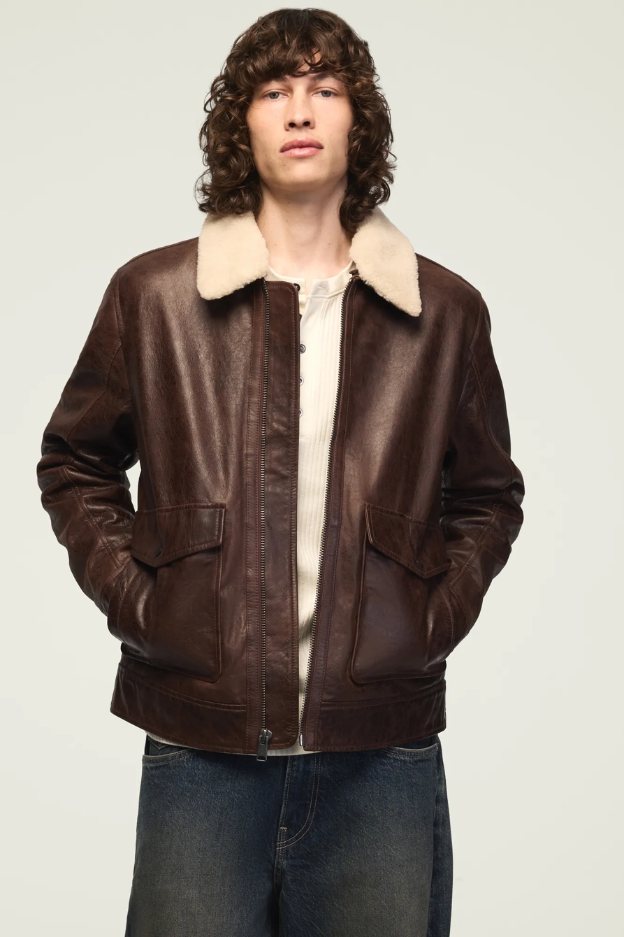 LEATHER AVIATOR JACKET — BROWN — image 1