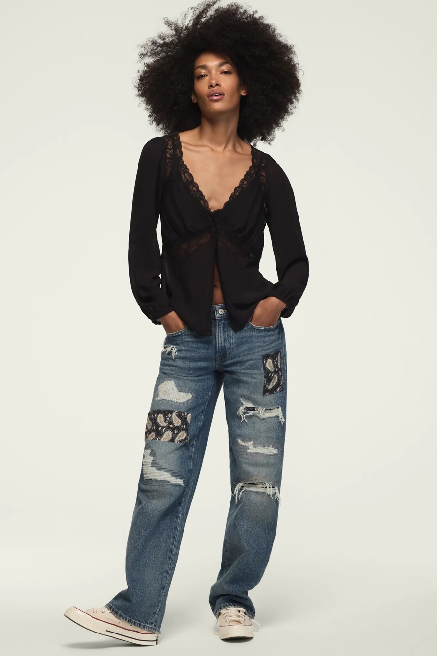 LONG SLEEVE LACE CUTAWAY TOP — CAVIAR — image 2