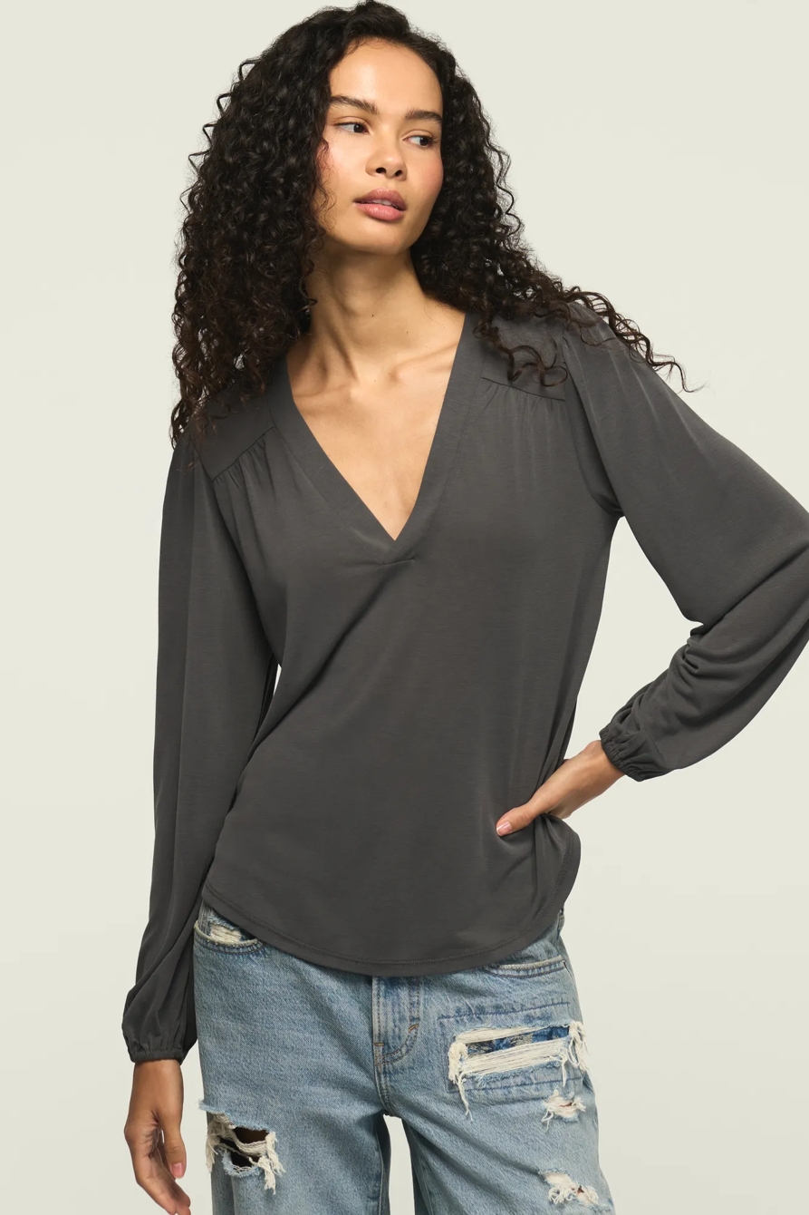 SANDWASH LONG SLEEVE V NECK TOP — BLACKENED PEARL — image 1