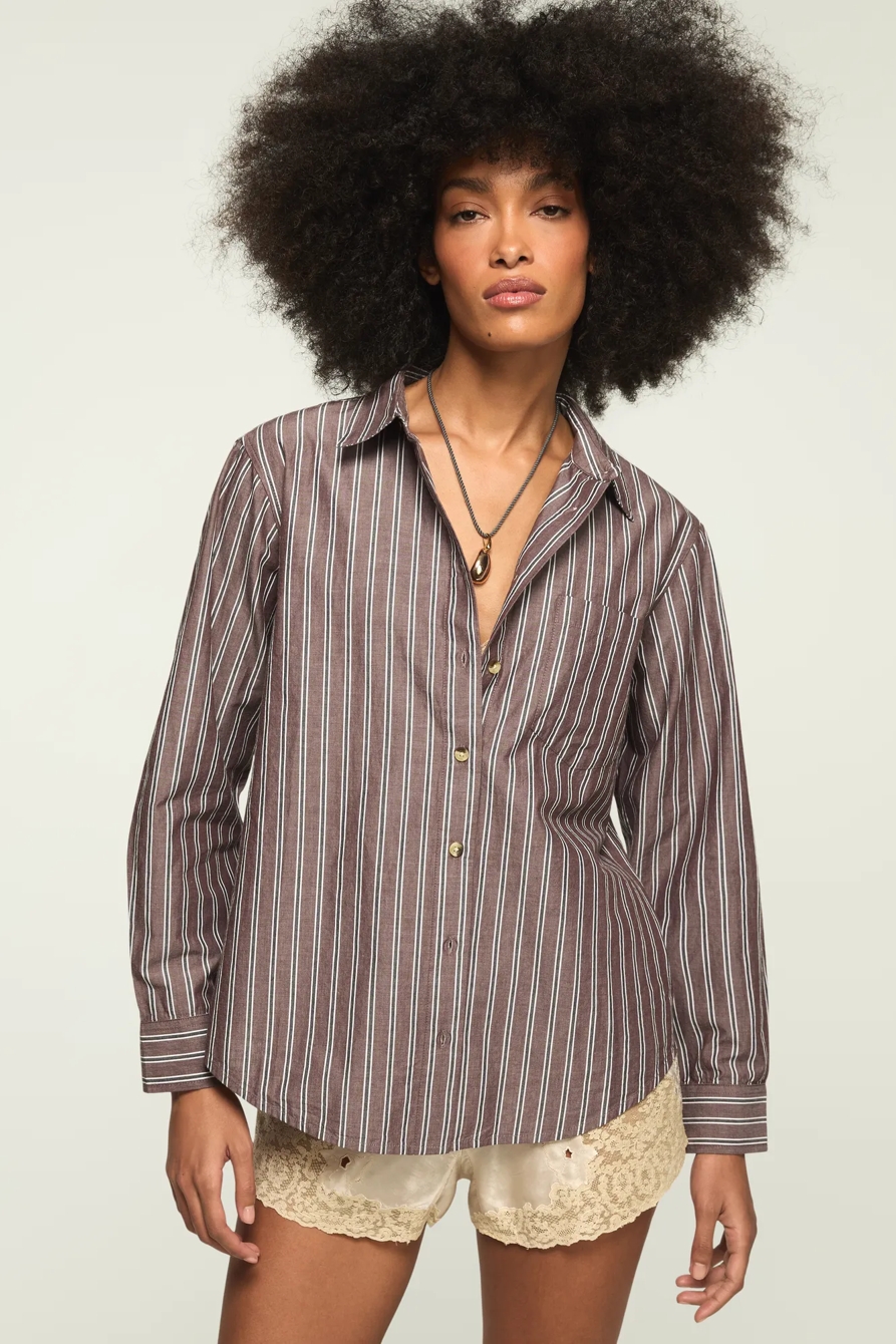 LACED BACK BUTTONDOWN SHIRT — Brown Stripe — image 1