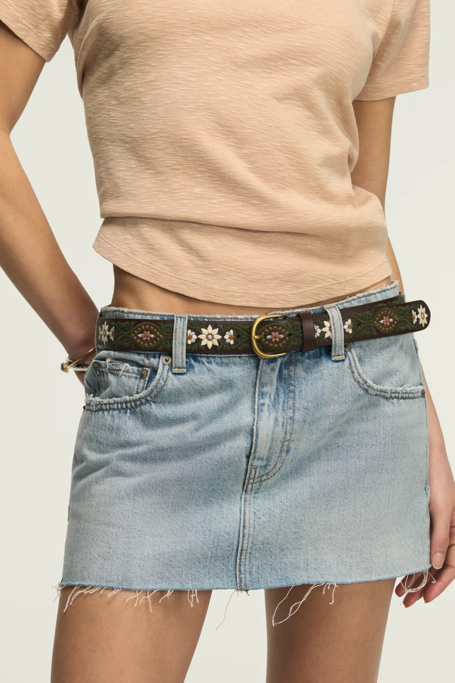 WHITE AND BLUE FLOWER EMBROIDERED BELT — DARK BROWN — image 3