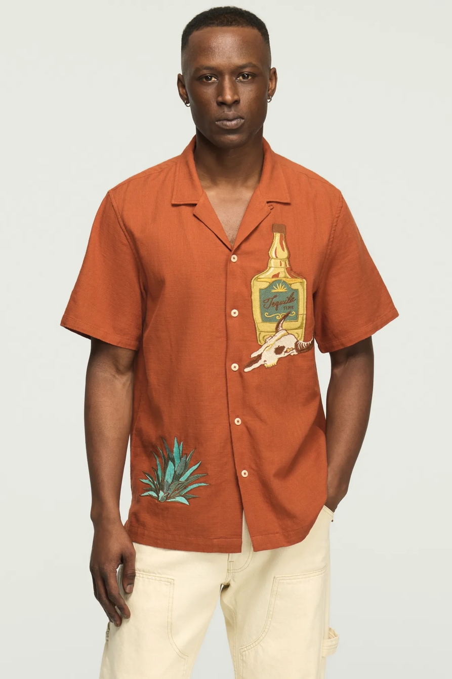 SHORT SLEEVE EMBROIDERED CAMP COLLAR SHIRT — GINGER BREAD — image 1