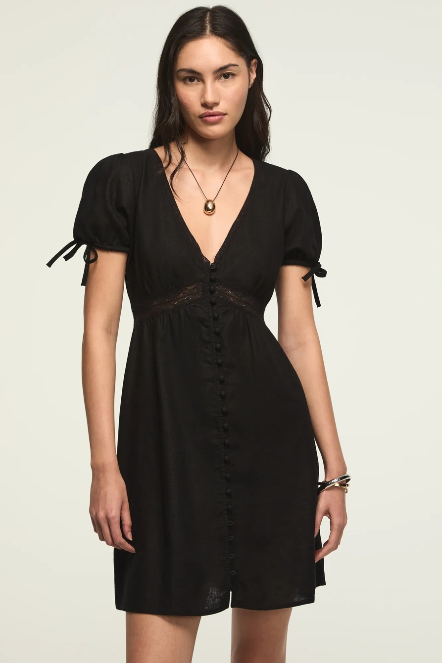 SHORT SLEEVE LACE BTTN THROUGH MINI DRESS — METEORITE — image 1