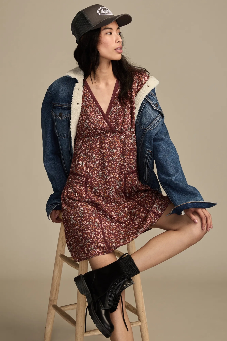3/4 SLEEVE V-NECK MINI DRESS — BROWN MULTI — image 5