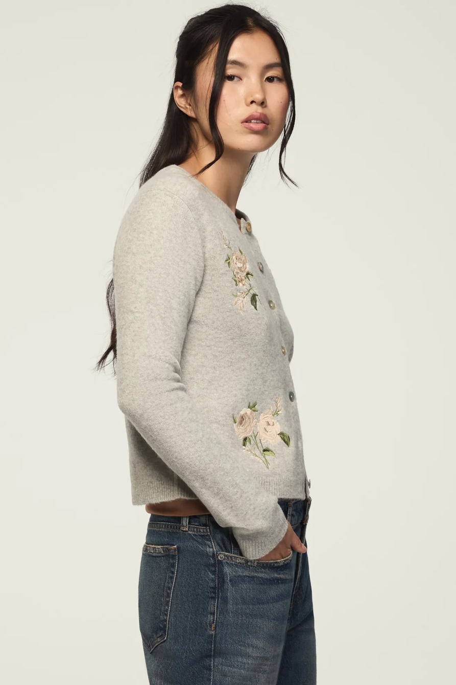 FLORAL EMBROIDERED HEATHERED CARDIGAN — LIGHT HEATHER GRAY — image 4