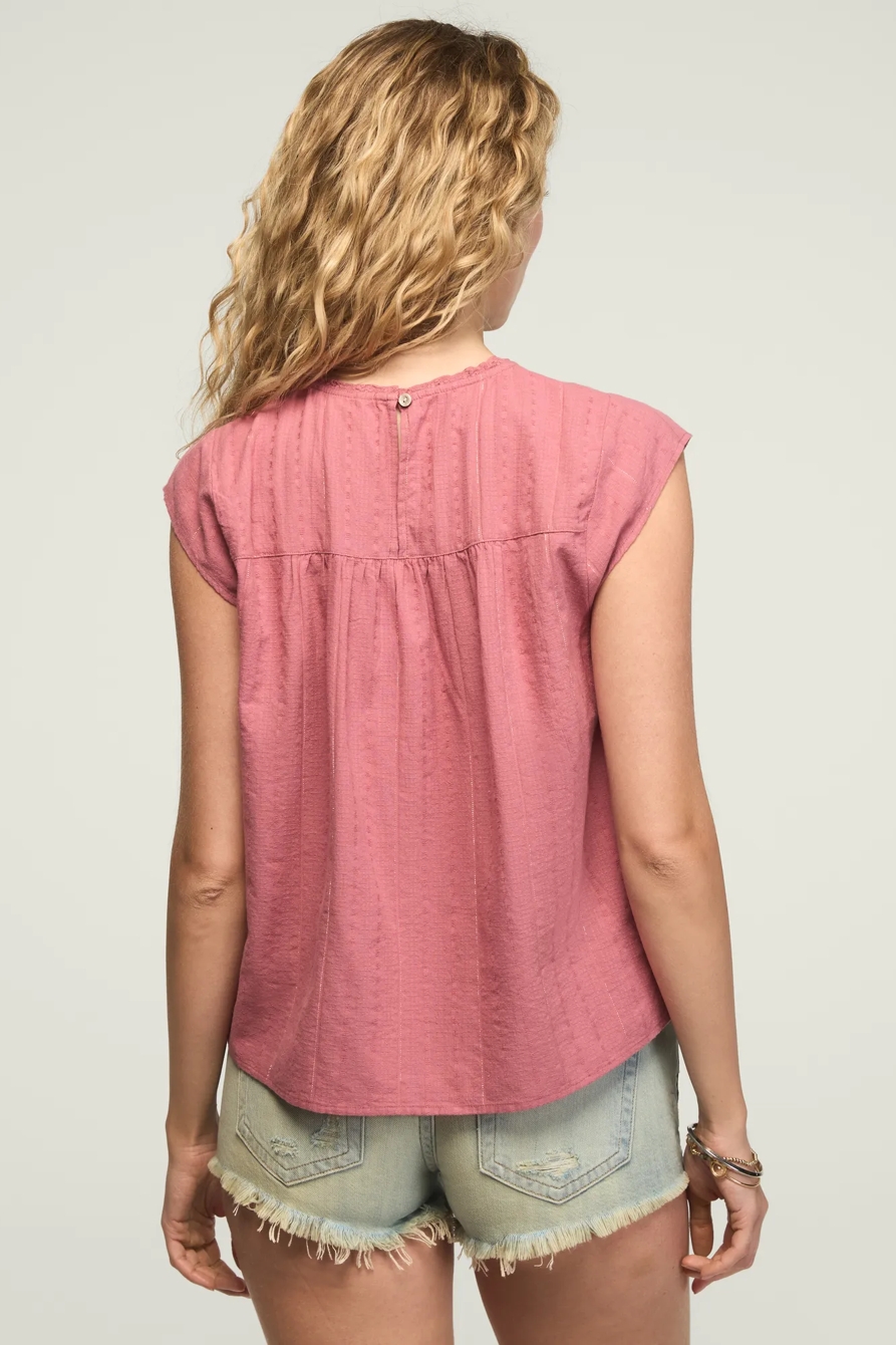 LACE YOKE FLUTTER TOP — BERRY — image 3