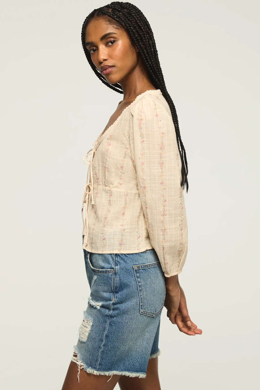 FESTIVAL CUTWORK FLYAWAY BLOUSE — CREAM FLORAL STRIPE — image 4