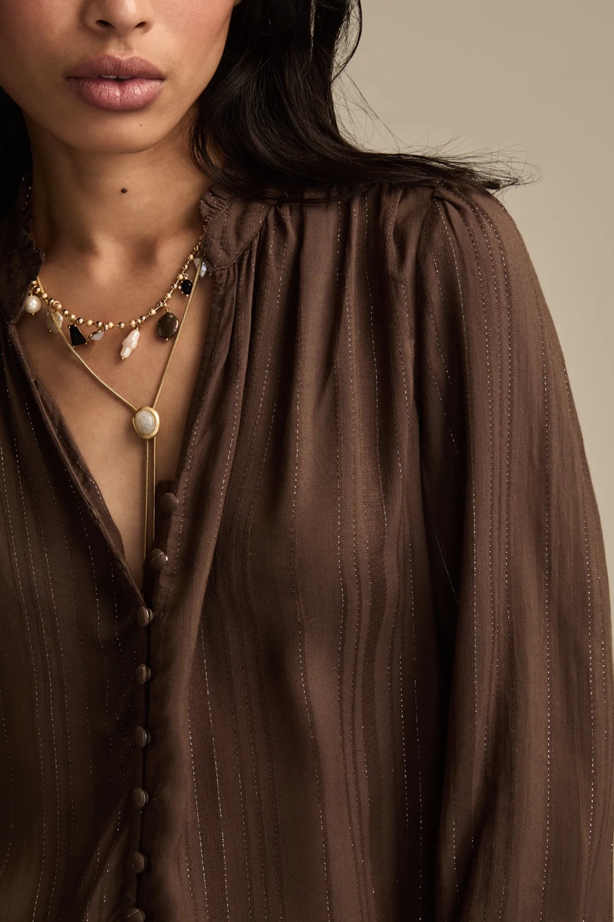 SHINE BUTTON FRONT BLOUSE — Chocolate Brown — image 2