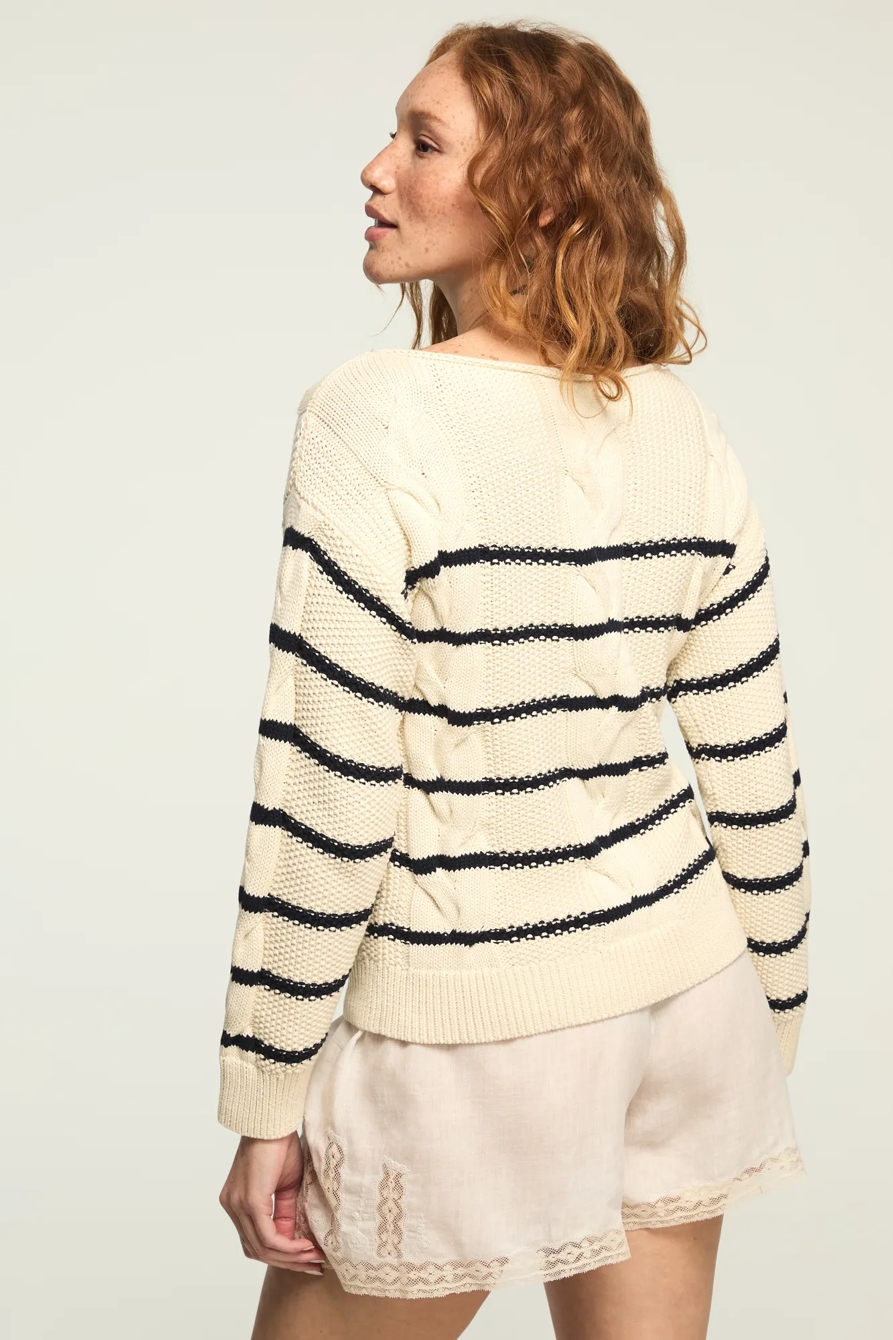 STRIPED CABLE CREW NECK SWEATER — TOFU — image 3