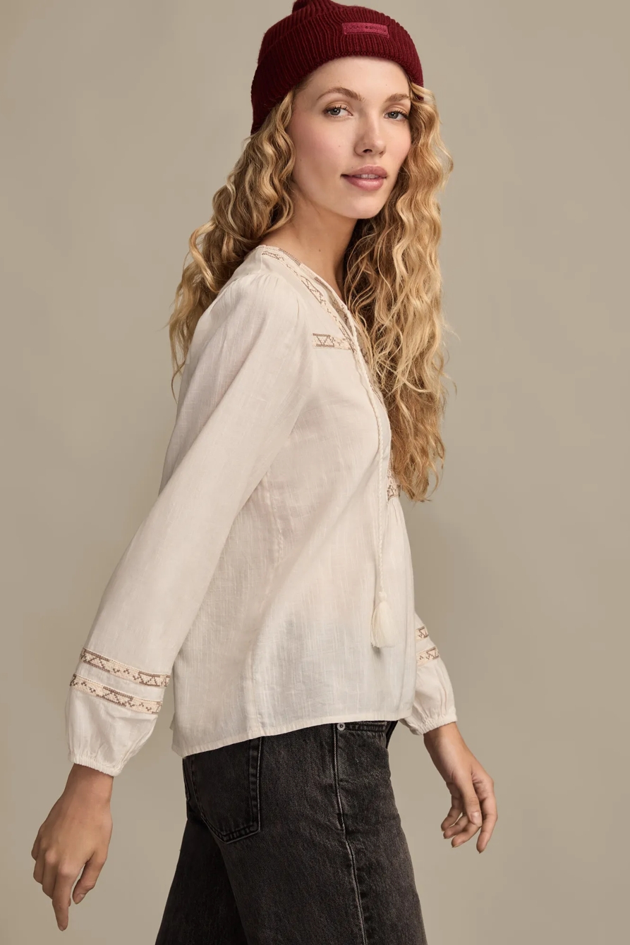 EMBROIDERED NOTCH NECK PEASANT TOP — GARDENIA — image 4
