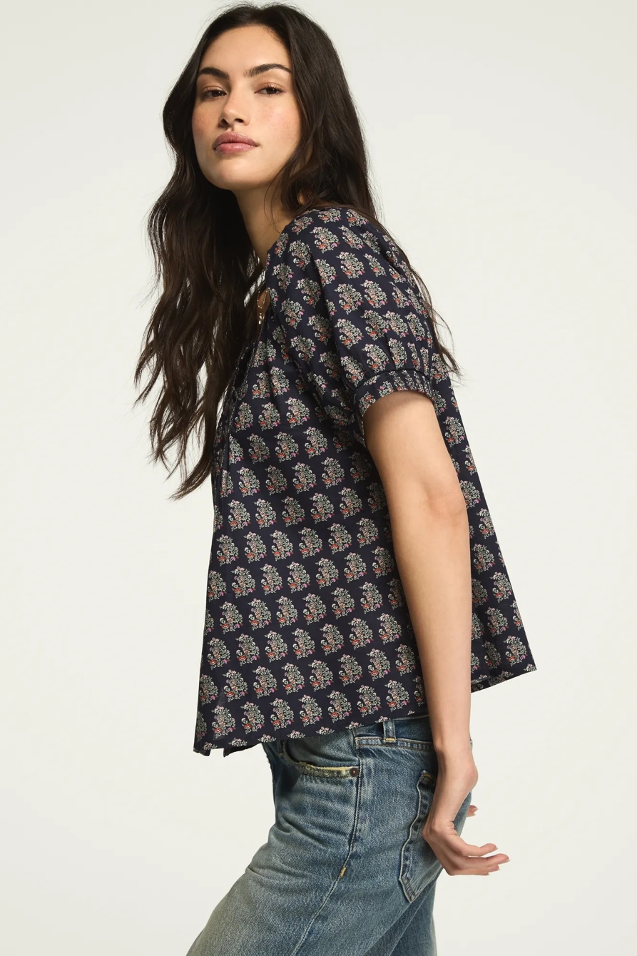 SHORT SLEEVE PINTUCK PEASANT TOP — NAVY FLORAL — image 4
