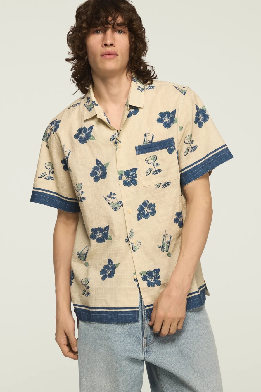 SHORT SLEEVE PRINTED CAMP COLLAR SHIRT — BLUE PRINT — image 1