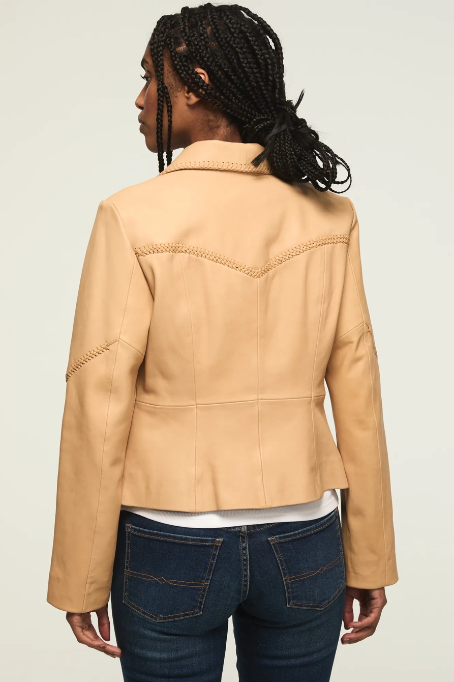 FESTIVAL BRAIDED SEAMED LEATHER JACKET — TAN — image 3