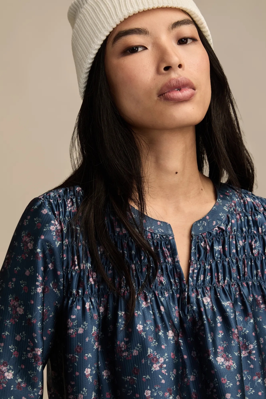 SMOCKED YOKE PEASANT TOP — BLUE FLORAL — image 2