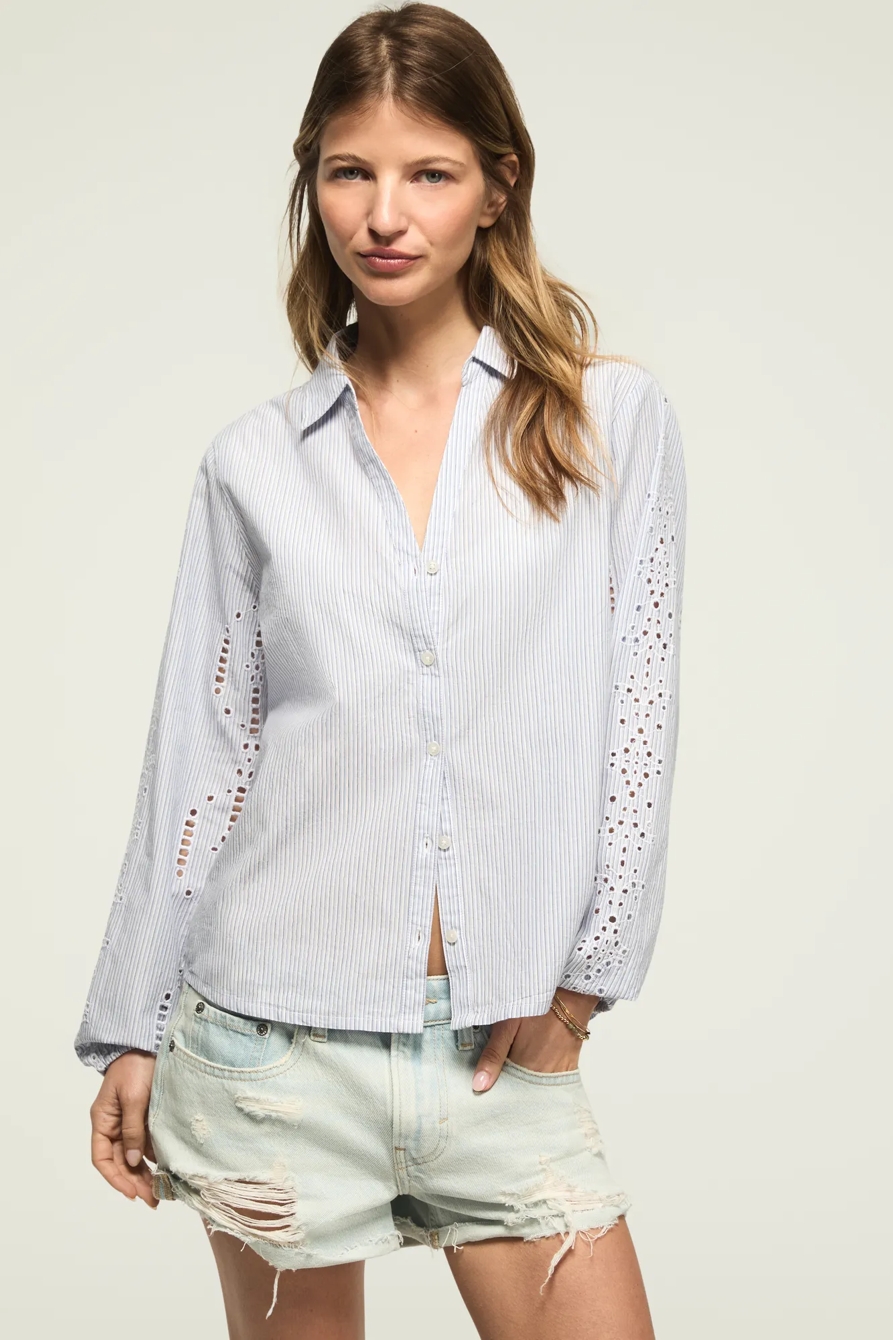 CUTWORK LONG SLEEVE BUTTON DOWN — BLUE STRIPE — image 5
