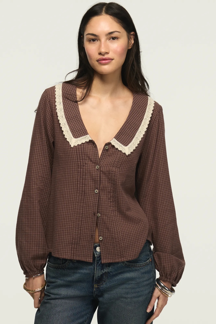 LONG SLEEVE PETER PAN COLLAR TOP — BROWN GINGHAM — image 1