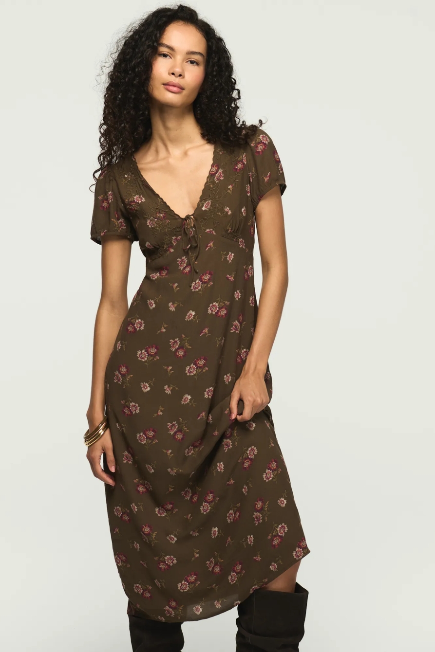 EMBROIDERED SHORT SLEEVE SIMONE MIDI DRESS — OLIVE FLORAL — image 1