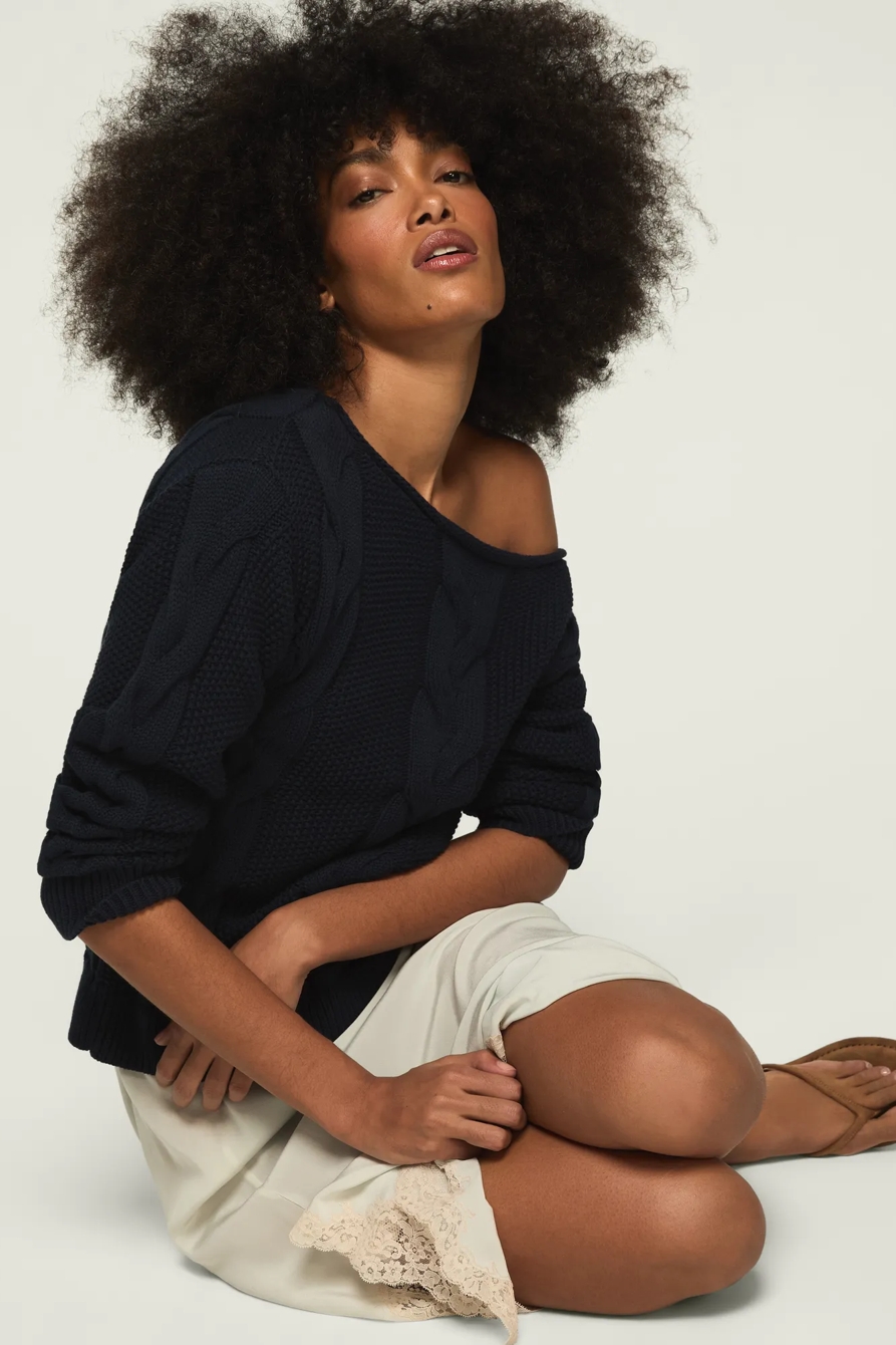 CABLE CREW NECK SWEATER — CADET NAVY — image 1