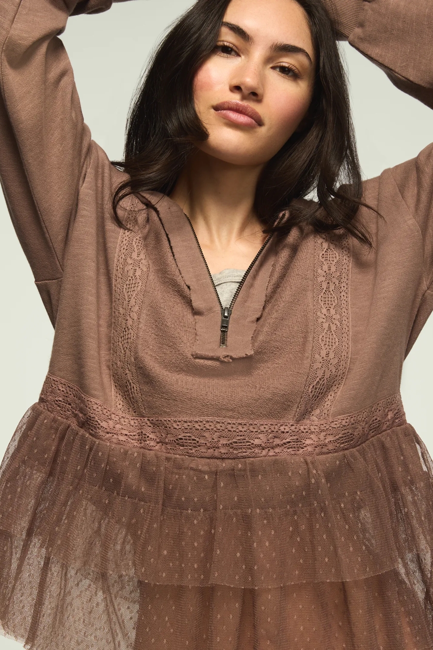 LACE TRIM PEPLUM ZIP UP — DEEP TAUPE — image 2
