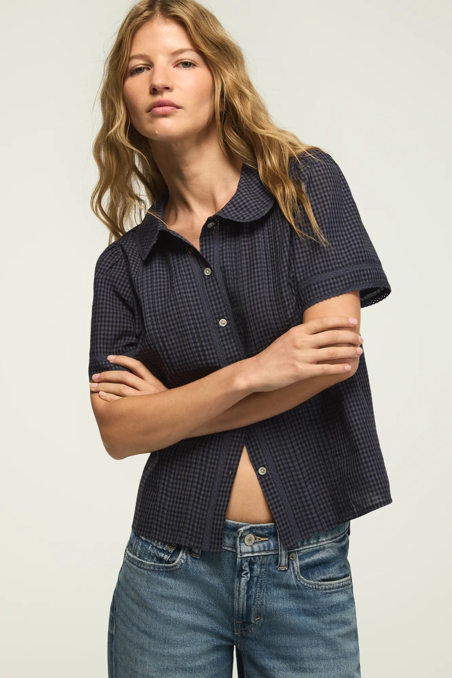 SHORT SLEEVE PETER PAN BLOUSE — NAVY GINGHAM — image 1