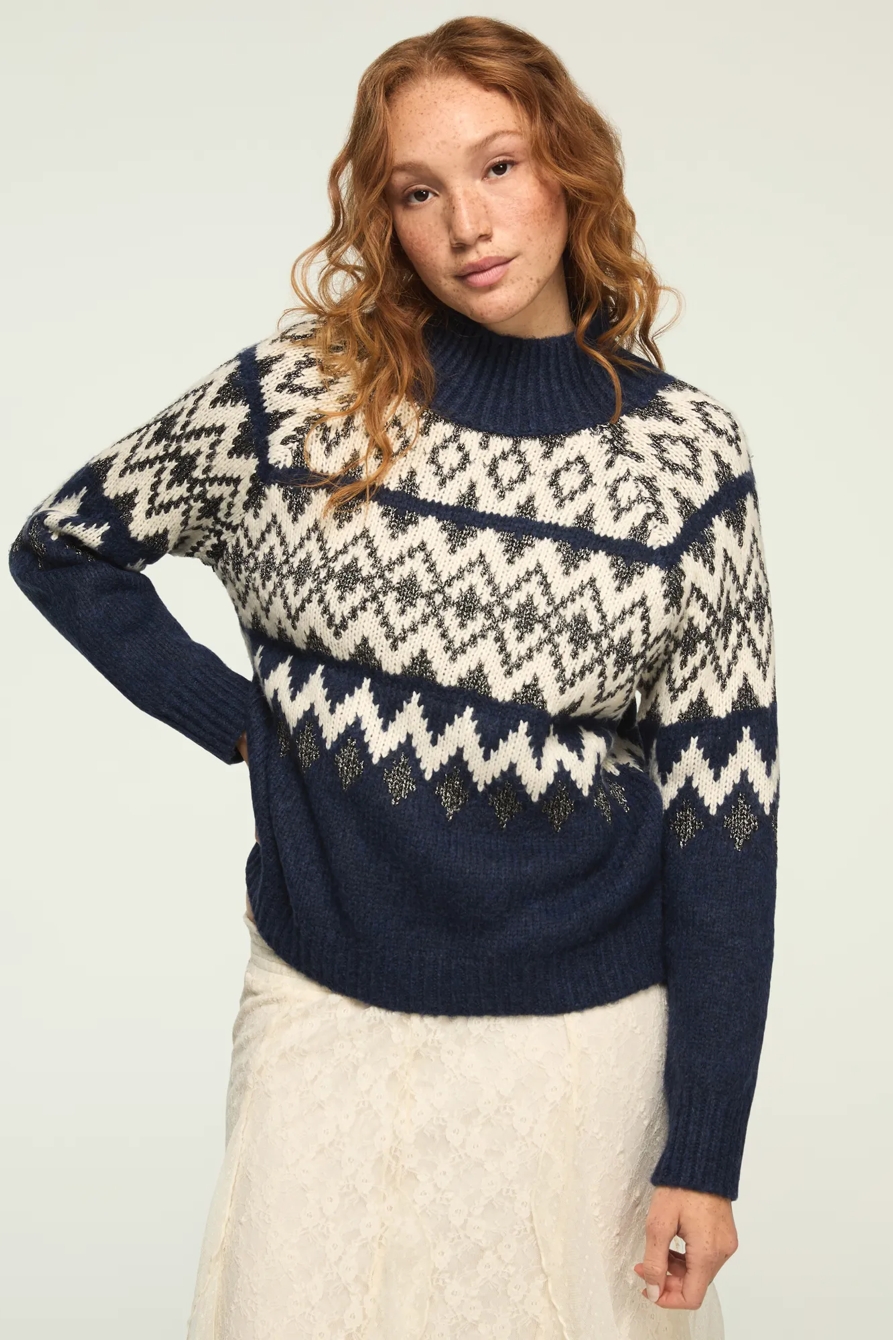 FAIR ISLE MOCK NECK — DARK BLUE HEATHER — image 1