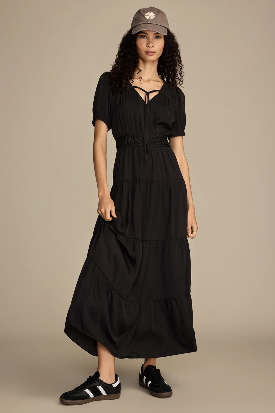 CRINKLE SATIN MIDI DRESS — #001 BLACK — image 1