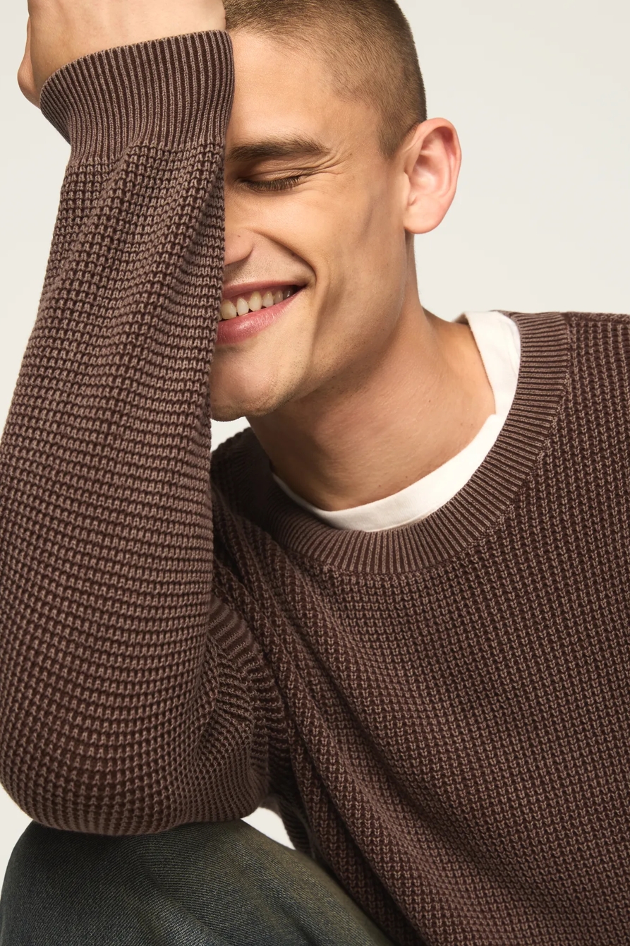 WASHED TEXTURED CREW NECK SWEATER — CHICORY COFFEE — image 2