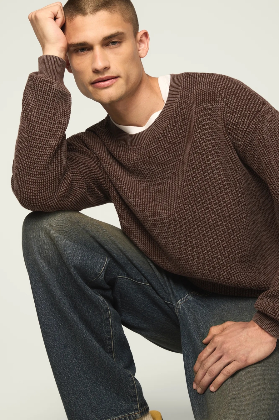 WASHED TEXTURED CREW NECK SWEATER — CHICORY COFFEE — image 1