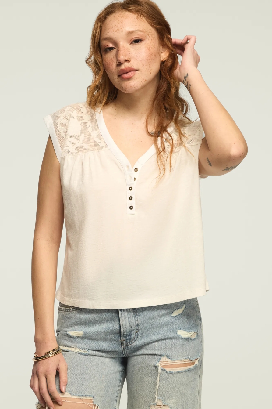 MESH EMBROIDERED YOKE TEE — WHISPER WHITE — image 1