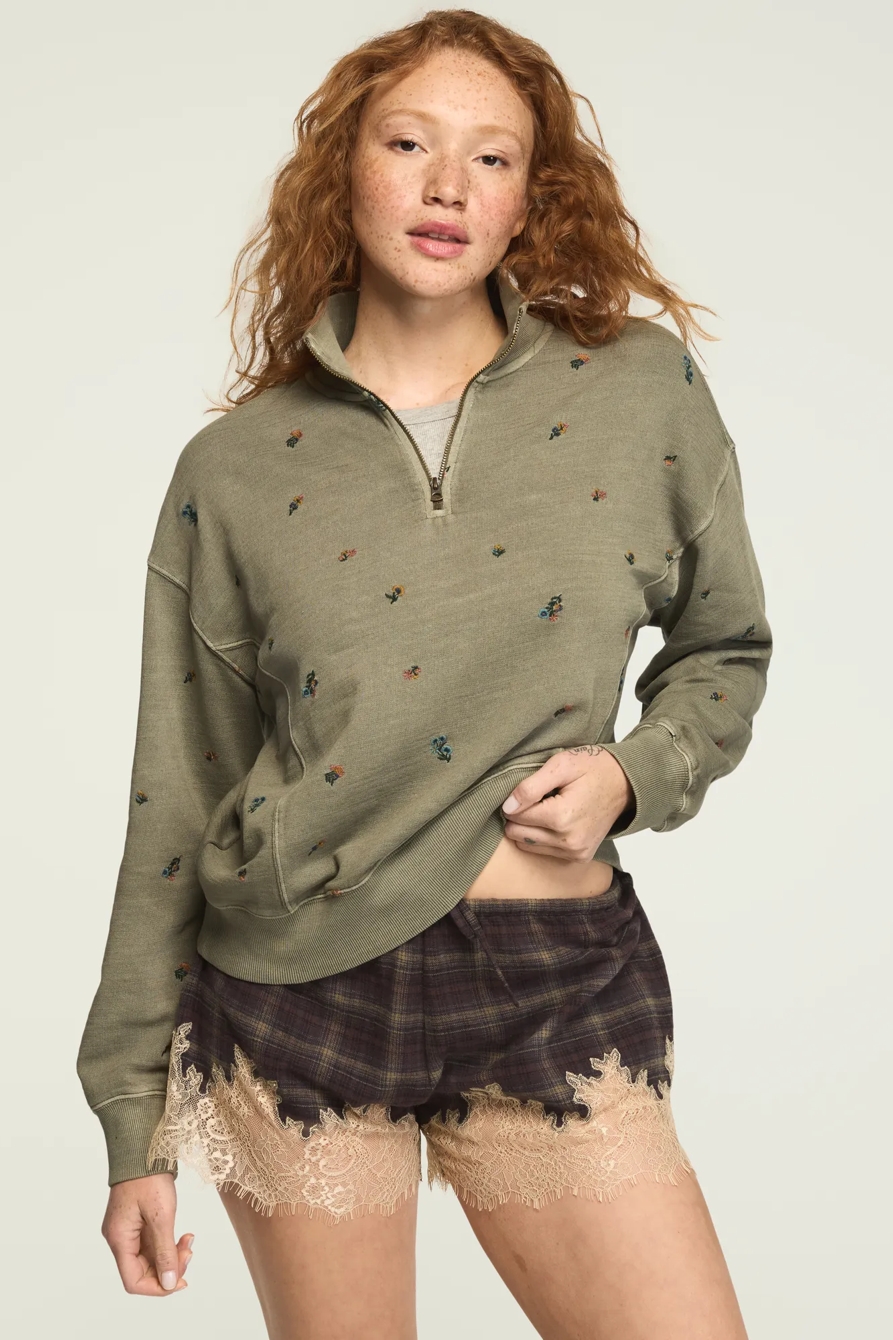 EMBROIDERED QUARTER ZIP PULLOVER — Dusty Olive — image 1