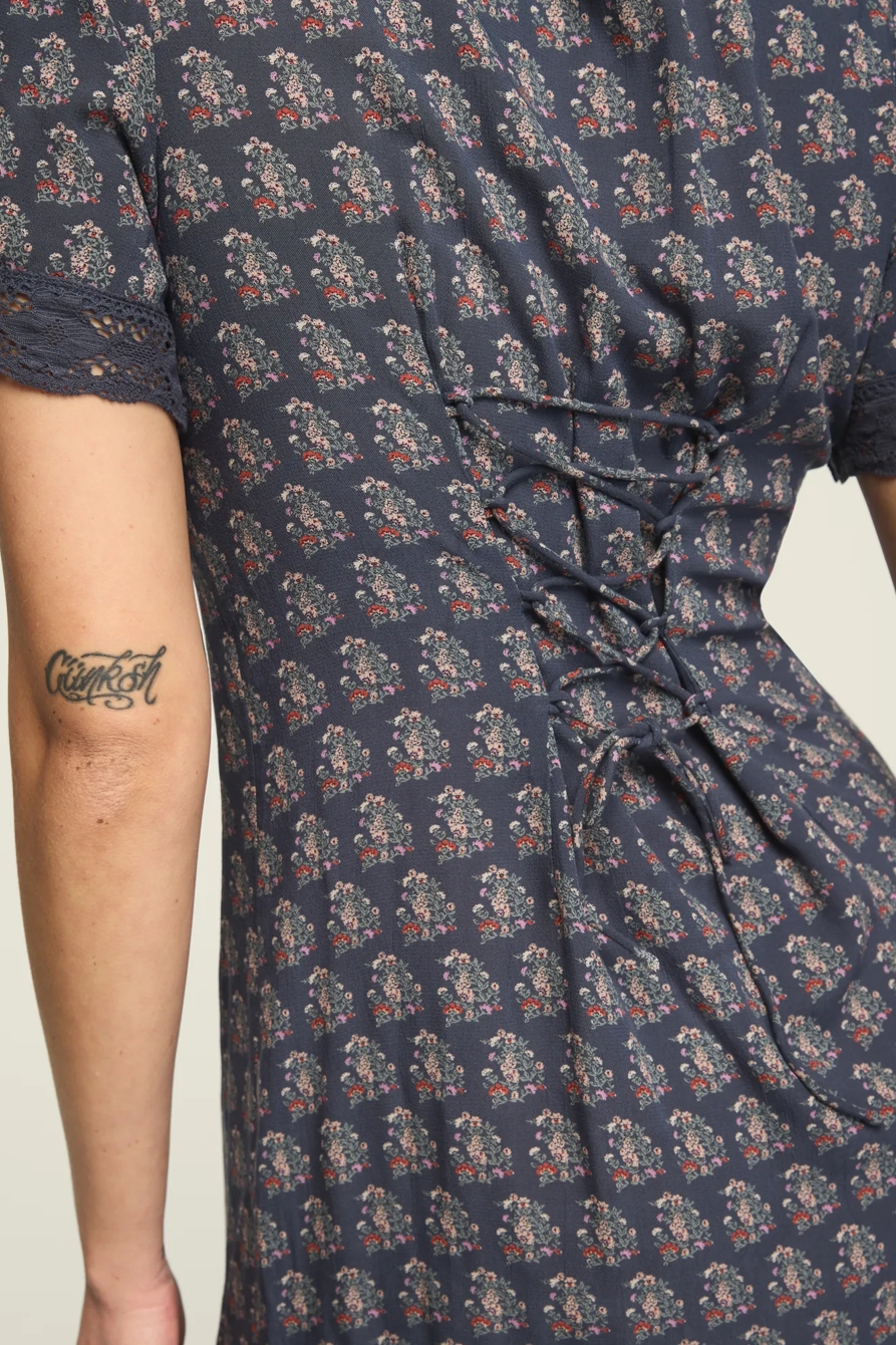 LACE TRIMMED SHORT SLEEVE MINI DRESS — NAVY FLORAL — image 3