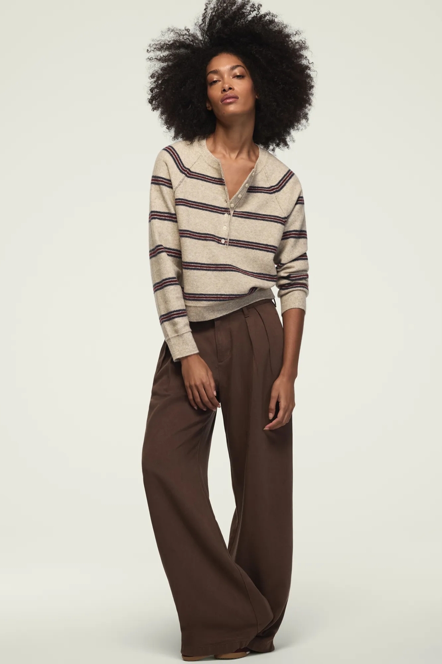 CLOUD SOFT STRIPED HENLEY SWEATER — FADED OATMEAL HTR — image 2