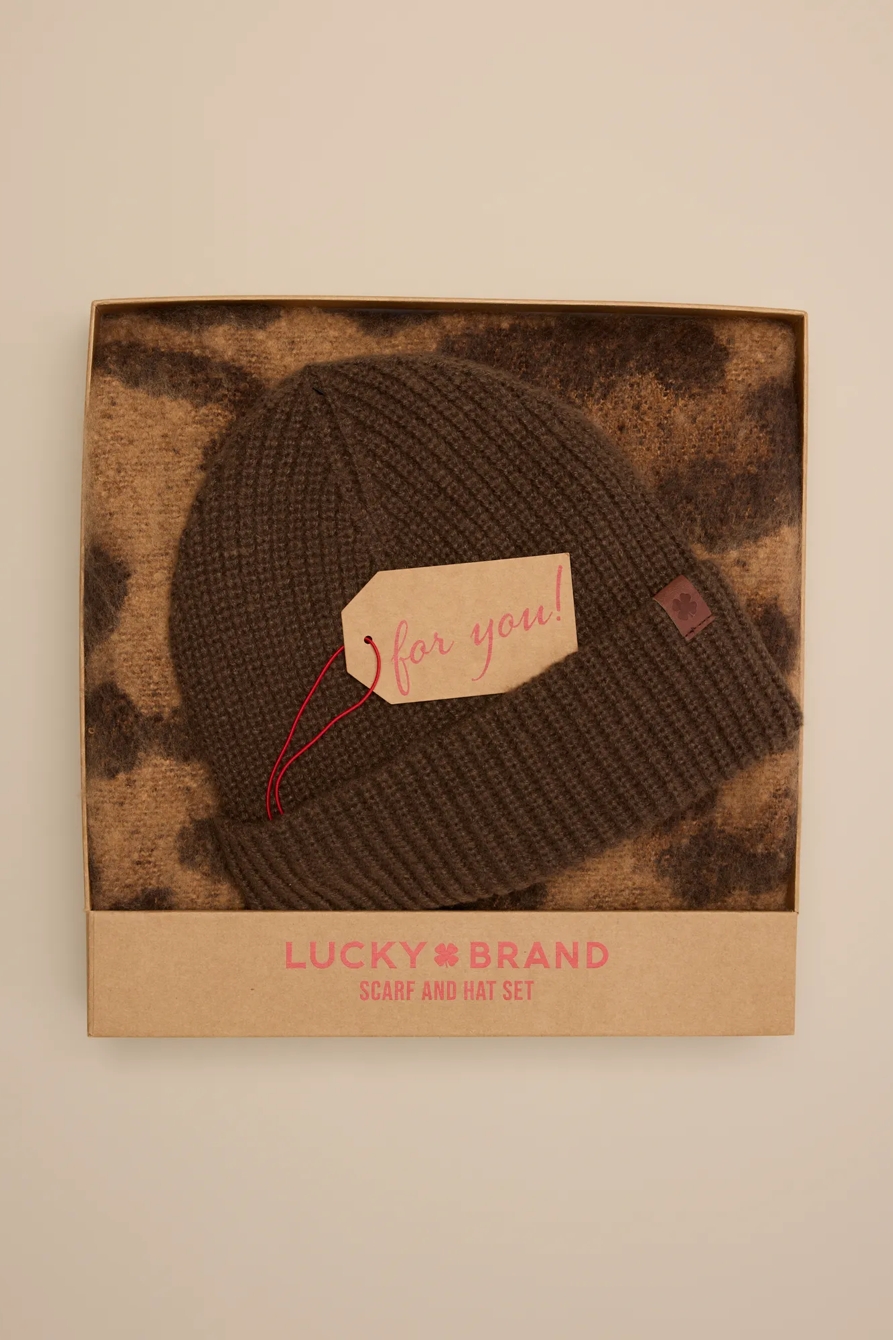 LEOPARD SCARF AND HAT BOX SET — BUFF — image 1