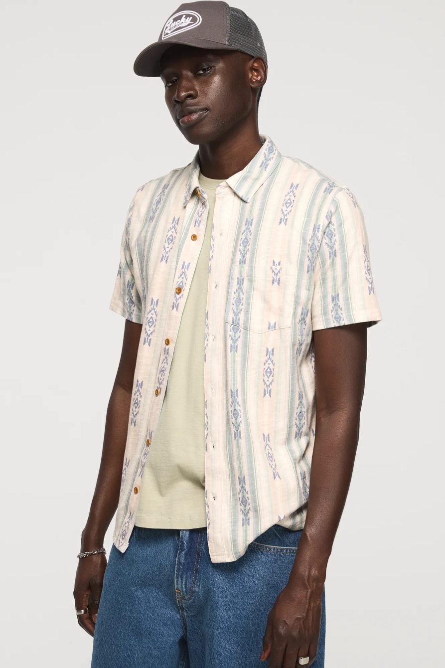 STRIPED LINEN SHORT SLEEVE BUTTON UP SHIRT — GREEN MULTI — image 4