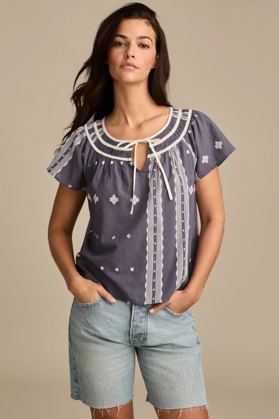 SHORT SLEEVE PEASANT BLOUSE — NIGHTSHADOW BLUE — image 1