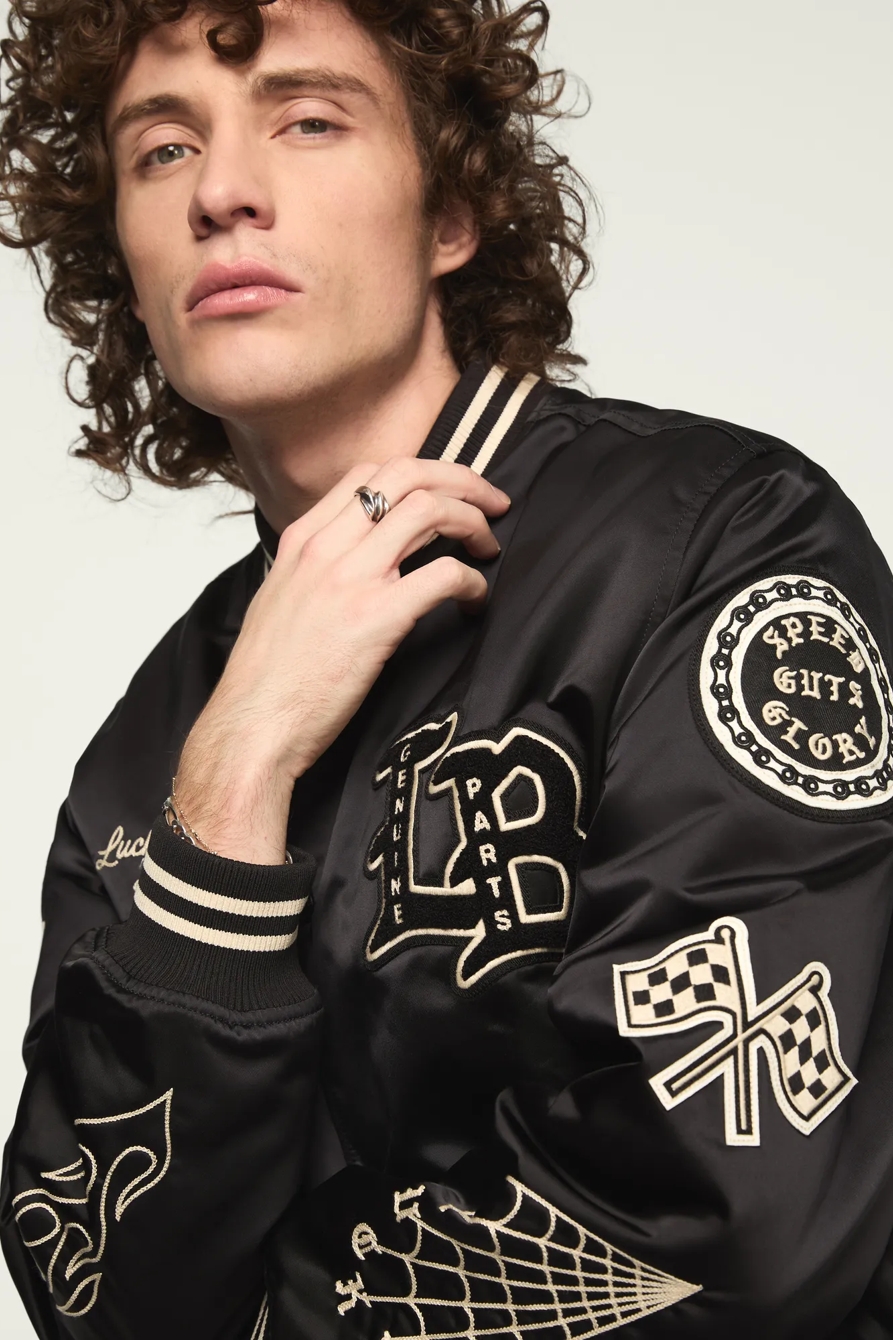 LUCKY SATIN VARSITY JACKET — JET BLACK — image 5