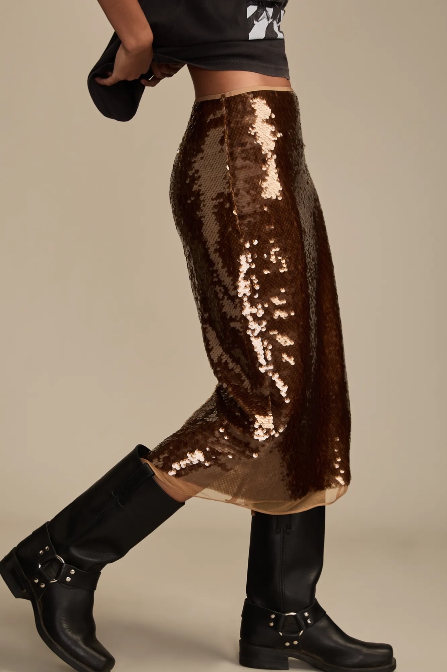 SEQUIN MIDI SKIRT — BROWN — image 4