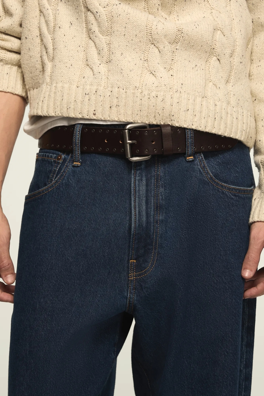 EYELET LEATHER BELT WITH ROLLER BUCKLE — BROWN — image 3