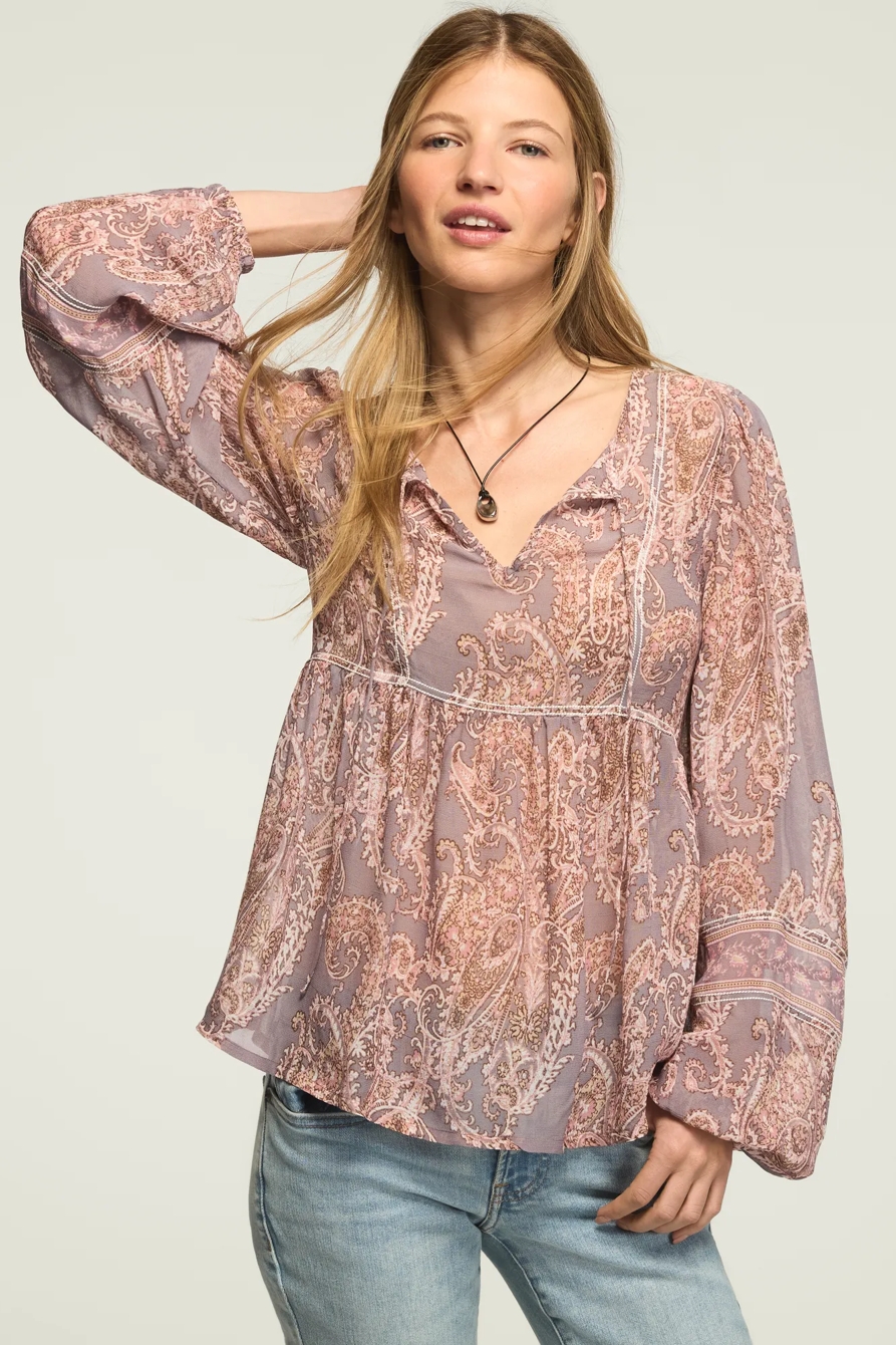 LONG SLEEVE PAISLEY PRINT MIX PEASANT TOP — PURPLE PAISLEY — image 1