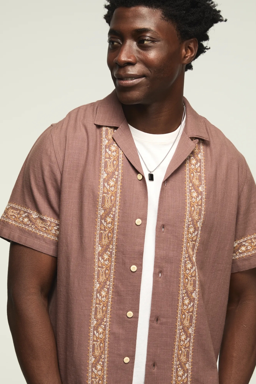 EMBROIDERED CAMP COLLAR SHIRT — BROWN MULTI — image 1